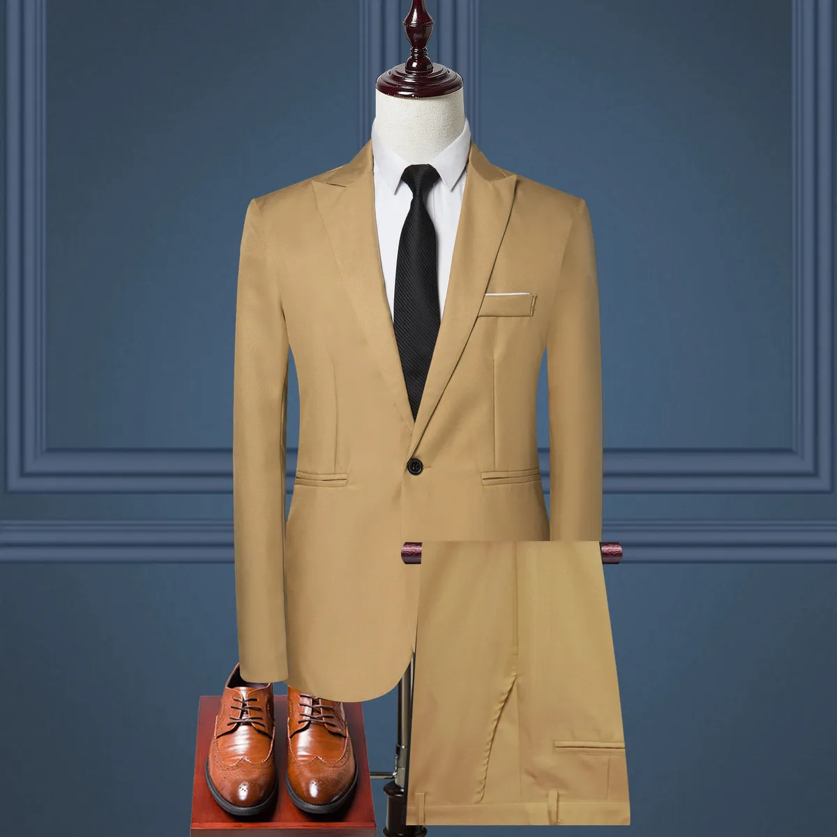 Men'S Fashion Casual Wedding Party Solid Color Long-Sleeve Coat Pants Suit Two-Piece Set