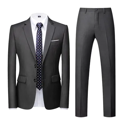 Men'S Fashion Casual Business Solid Color Long-Sleeve Coat Slim-Fit Pants Suit Two-Piece Set