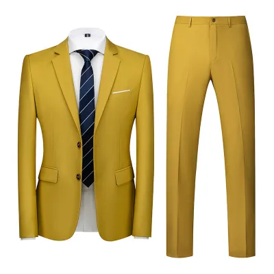 Men'S Fashion Casual Business Solid Color Long-Sleeve Coat Slim-Fit Pants Suit Two-Piece Set