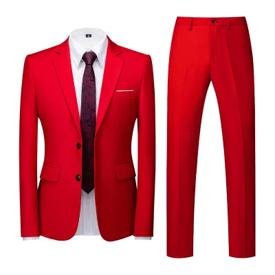 Men'S Fashion Casual Business Solid Color Long-Sleeve Coat Slim-Fit Pants Suit Two-Piece Set