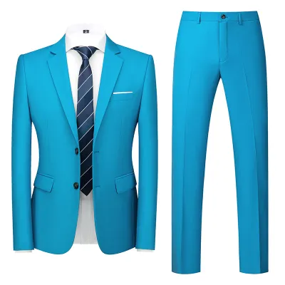 Men'S Fashion Casual Business Solid Color Long-Sleeve Coat Slim-Fit Pants Suit Two-Piece Set
