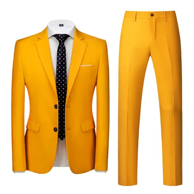 Men'S Fashion Casual Business Solid Color Long-Sleeve Coat Slim-Fit Pants Suit Two-Piece Set