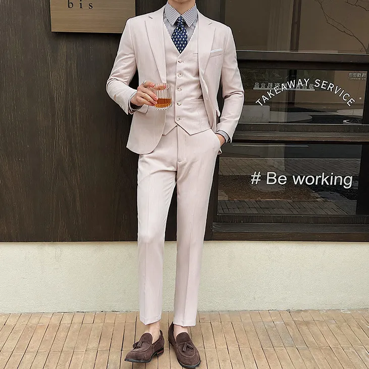 Men'S Fashion Solid Color Business Long-Sleeve Coat Vest Slim-Fit Pants Suit Three-Piece Set