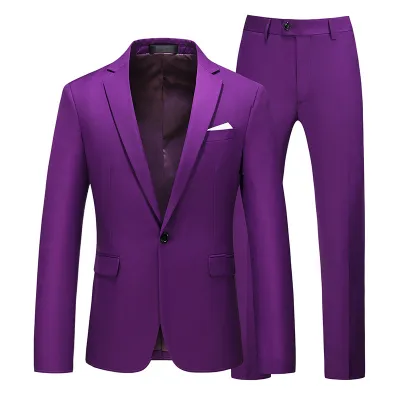 Men Fashion Casual Business Solid Color Long-Sleeve Coat Slim-Fit Pants Suit Two-Piece Set