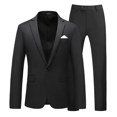 Men Fashion Casual Business Solid Color Long-Sleeve Coat Slim-Fit Pants Suit Two-Piece Set