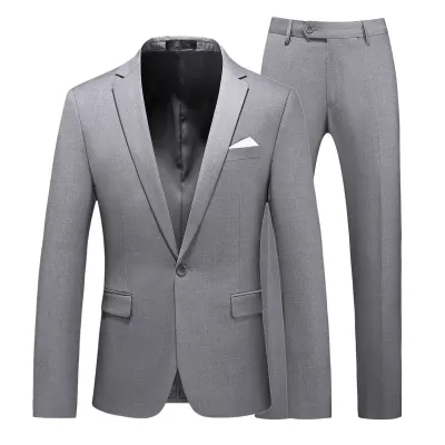 Men Fashion Casual Business Solid Color Long-Sleeve Coat Slim-Fit Pants Suit Two-Piece Set
