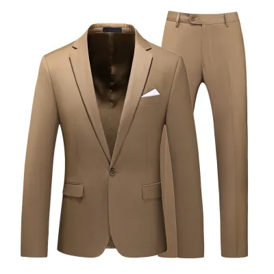 Men Fashion Casual Business Solid Color Long-Sleeve Coat Slim-Fit Pants Suit Two-Piece Set