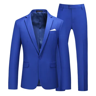 Men Fashion Casual Business Solid Color Long-Sleeve Coat Slim-Fit Pants Suit Two-Piece Set