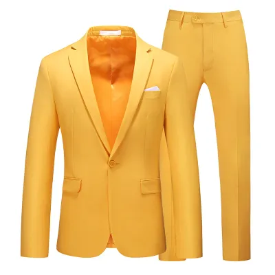 Men Fashion Casual Business Solid Color Long-Sleeve Coat Slim-Fit Pants Suit Two-Piece Set