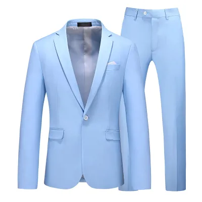 Men Fashion Casual Business Solid Color Long-Sleeve Coat Slim-Fit Pants Suit Two-Piece Set