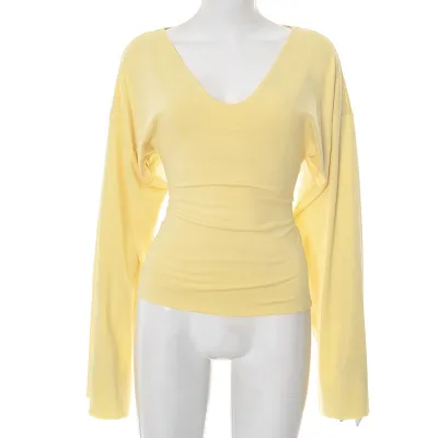 Autumn Women Fashion Solid Color V-Neck Trumpet Long Sleeve T-Shirt