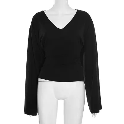 Autumn Women Fashion Solid Color V-Neck Trumpet Long Sleeve T-Shirt