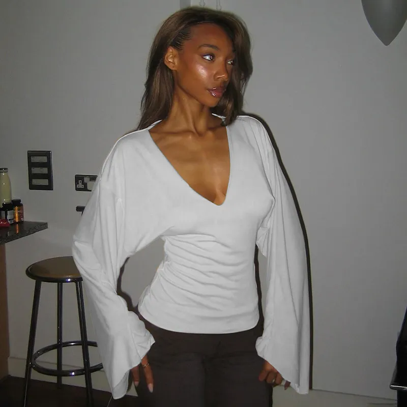 Autumn Women Fashion Solid Color V-Neck Trumpet Long Sleeve T-Shirt