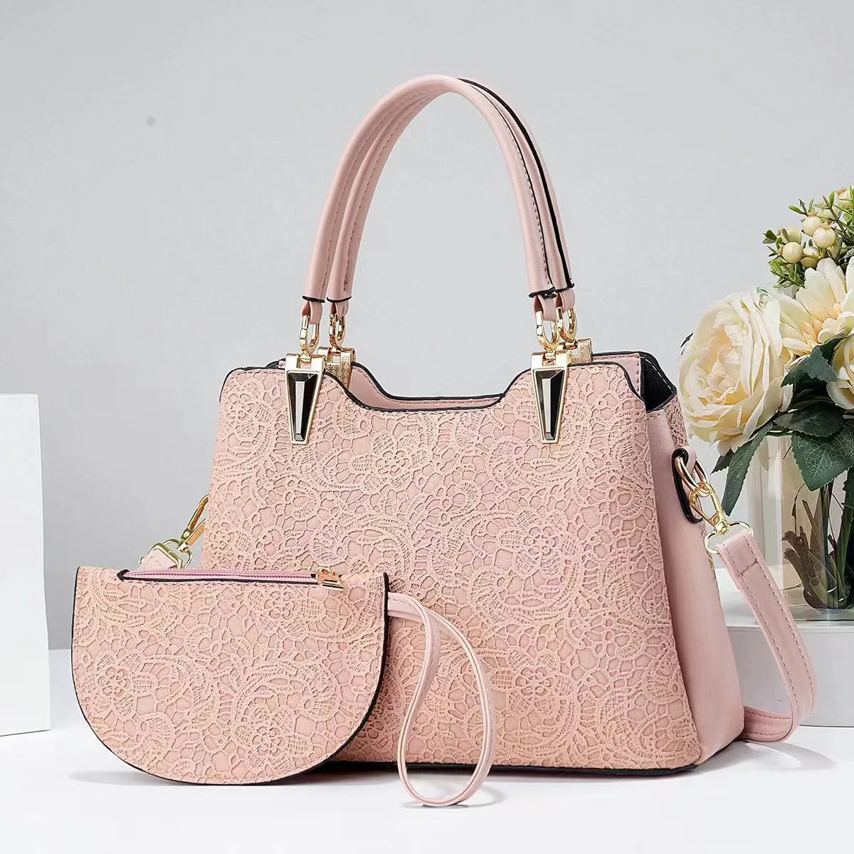 Women Fashion Casual Solid Color Embossed Handbag Two-Piece Bag Set
