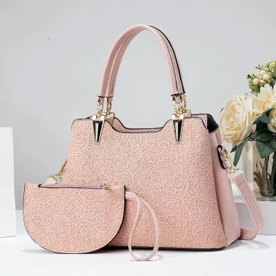 Women Fashion Casual Solid Color Embossed Handbag Two-Piece Bag Set