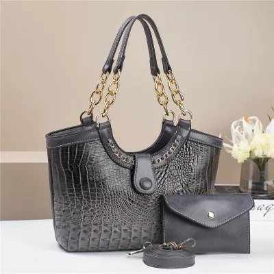 Women Fashion Casual Crocodile Pattern Shoulder Bag Two-Piece Bag Set
