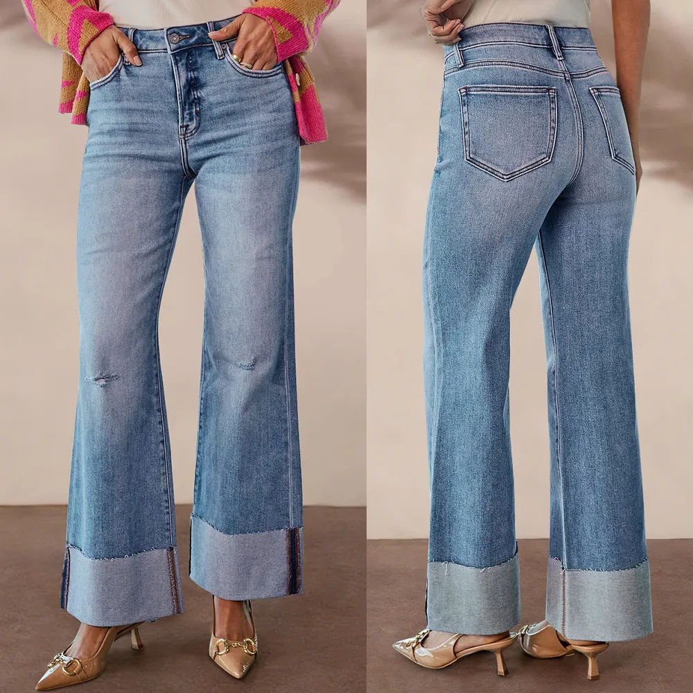 Women'S Fashion High Waist Roll-Up Ripped Wide-Leg Jeans