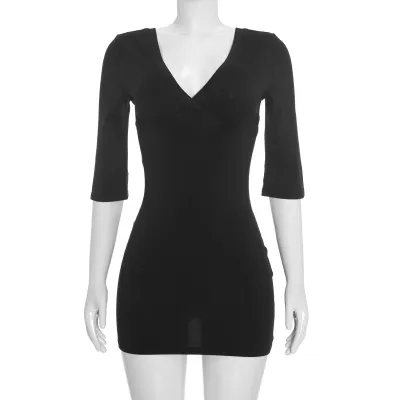 Women Simple Sexy V-Neck Solid Color Mini Dress