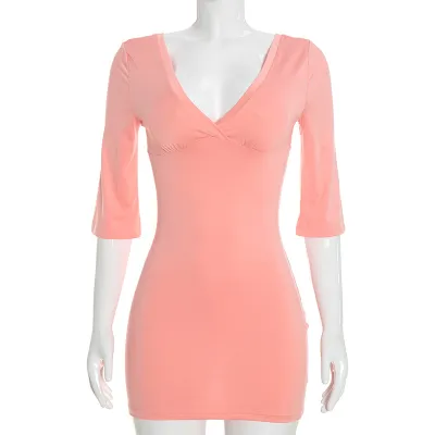 Women Simple Sexy V-Neck Solid Color Mini Dress
