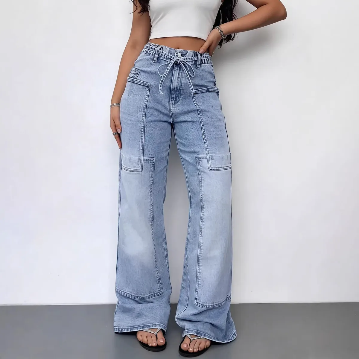 Women Retro Casual Stitching Wide Leg Jeans