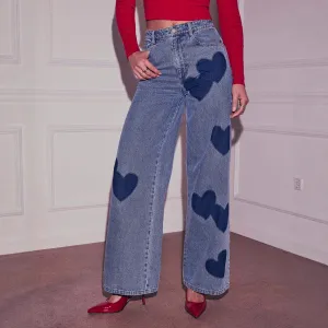Women Casual Heart-Print Wide-Leg Jeans