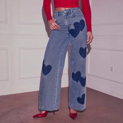 Women Casual Heart-Print Wide-Leg Jeans