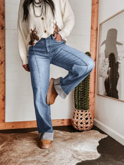 Women Retro High Waist Mid-Slit Wide Leg Jeans