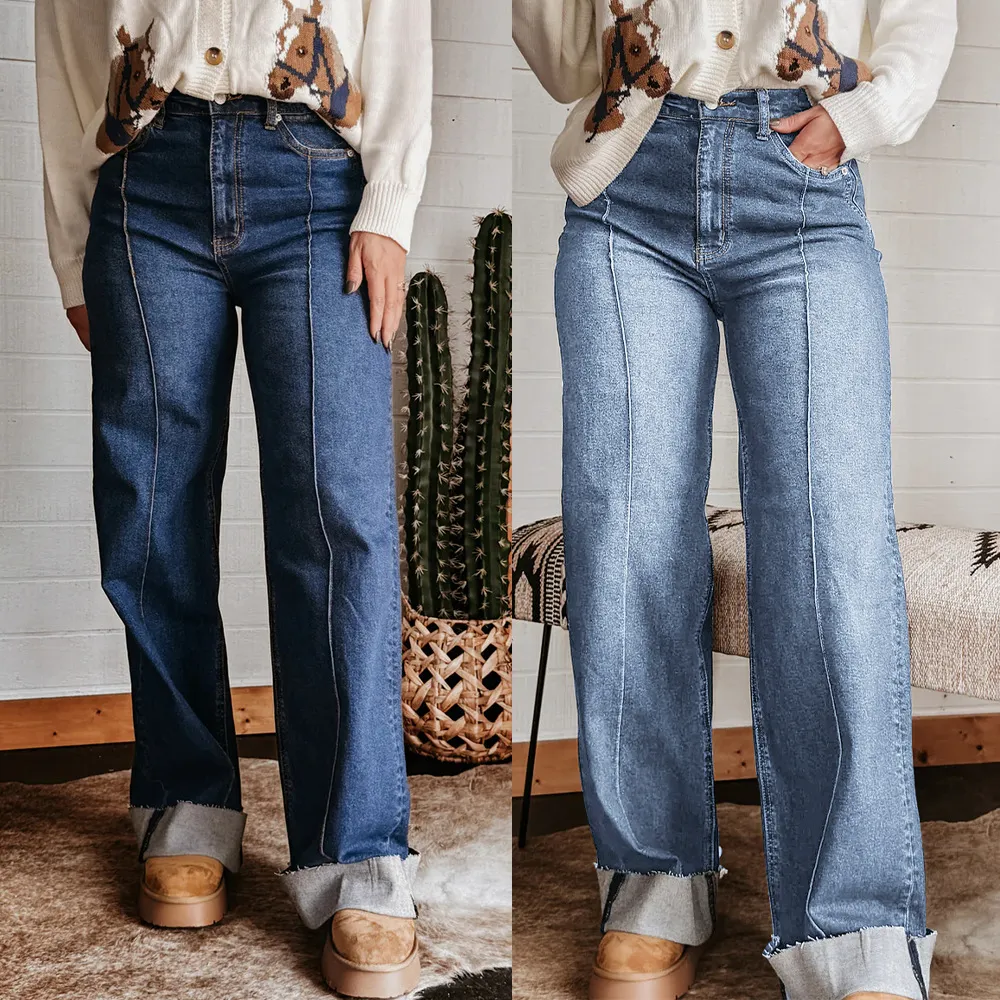 Women Retro High Waist Mid-Slit Wide Leg Jeans
