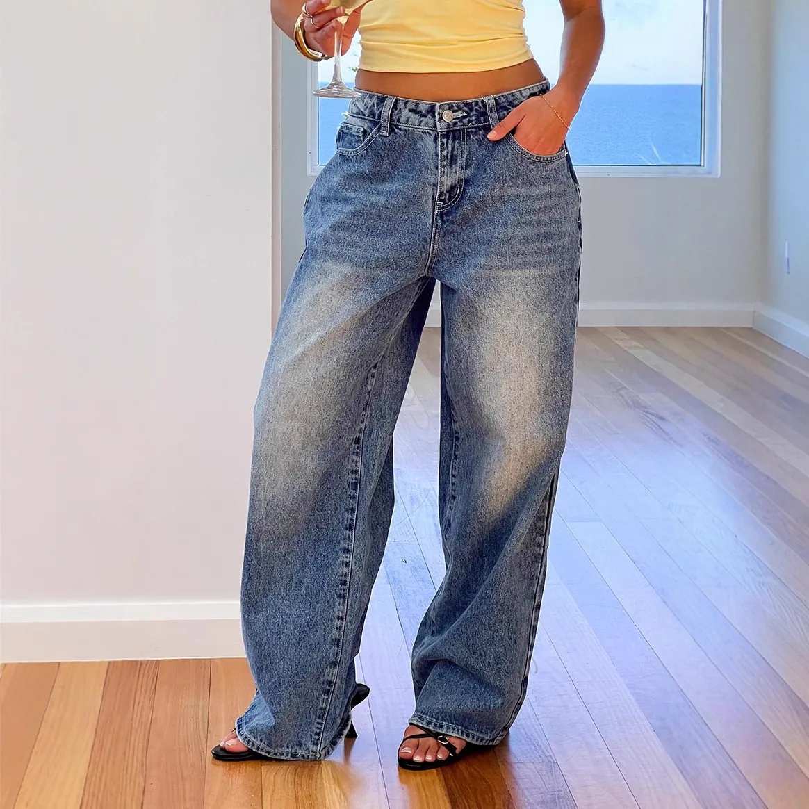Women Vintage Heart Pocket Wide Leg Jeans