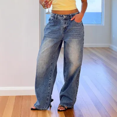 Women Vintage Heart Pocket Wide Leg Jeans