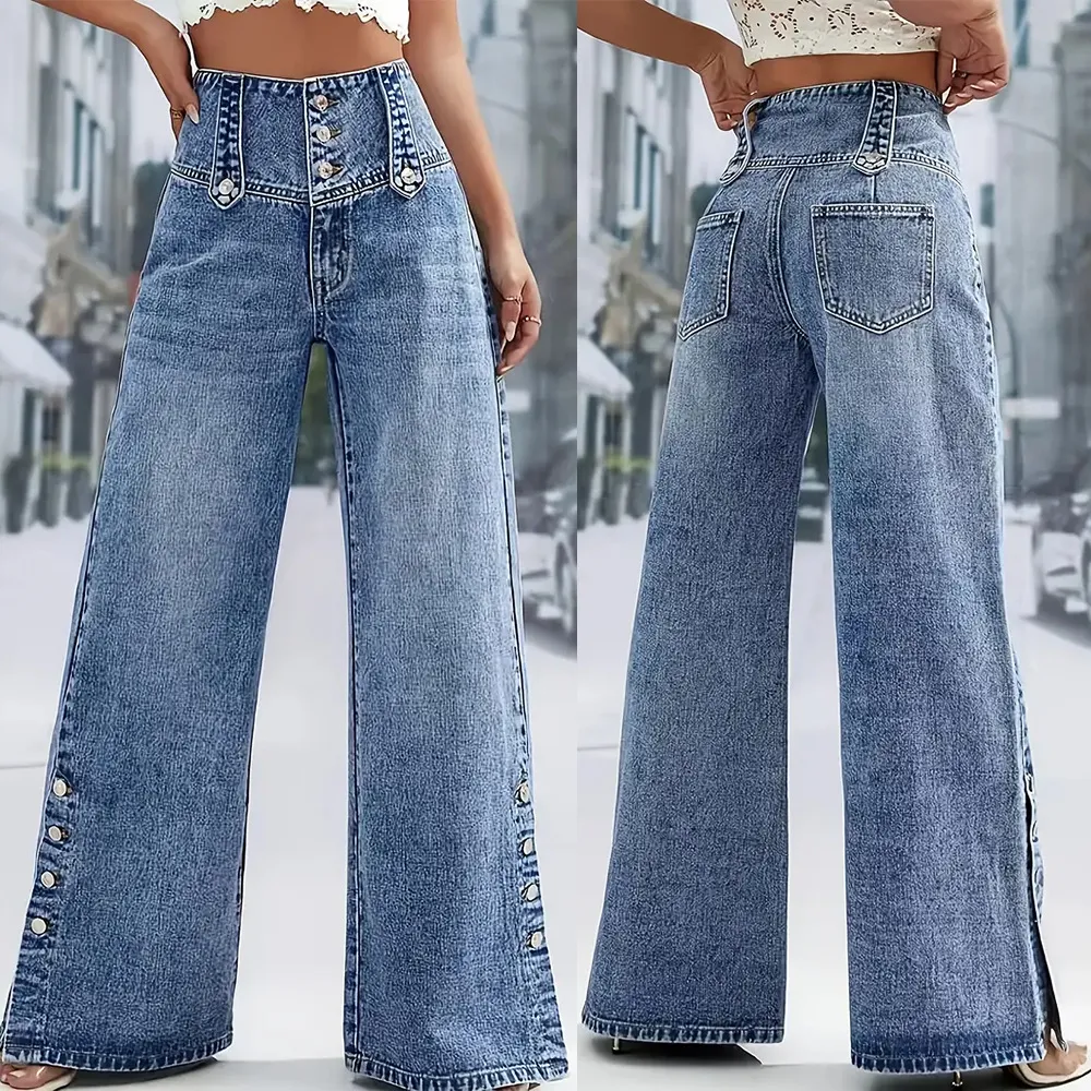 Women Fashion High Waist Slot Wide Leg Jeans