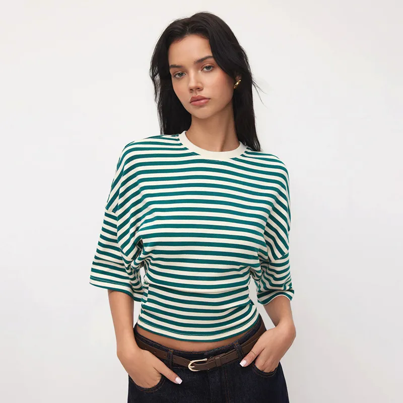Women Casual Round Neck Short Stripe T-Shirt