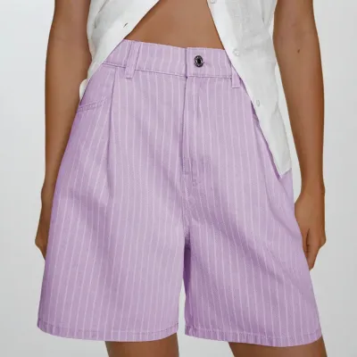 Women Fashion Casual Stripe Loose High Waist Denim Shorts