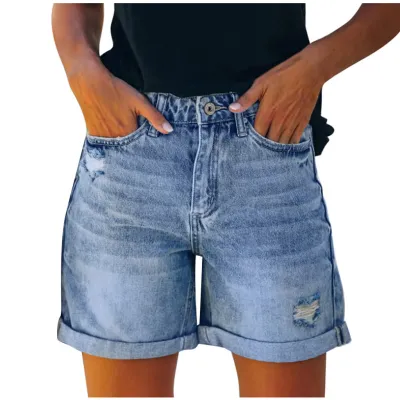 Women Fashion High Waist Holed Denim Shorts