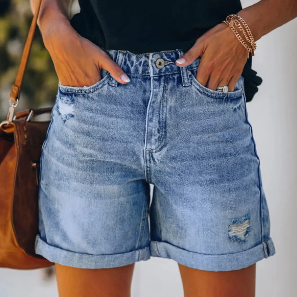 Women Fashion High Waist Holed Denim Shorts