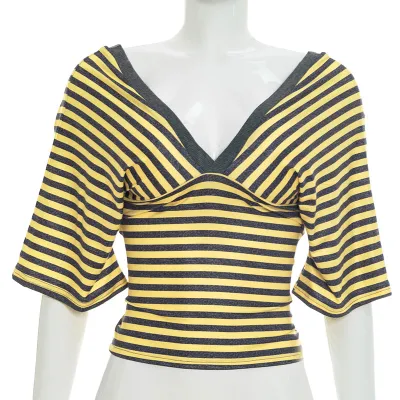 Women Fashion Stripe V-Neck Tee