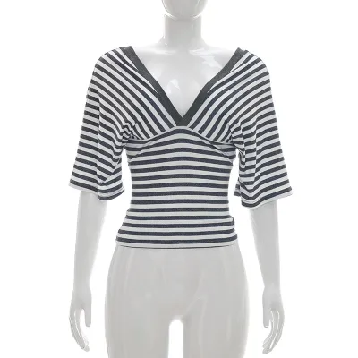 Women Fashion Stripe V-Neck Tee
