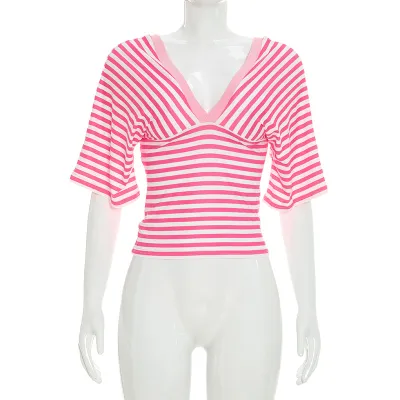 Women Fashion Stripe V-Neck Tee