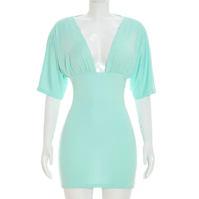 Summer Women Sexy V-Neck Solid Color Mini Dress