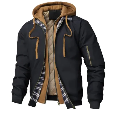 Men Fashion Casual Autumn And Winter Cotton Fake Two-Piece Stitching Long-Sleeve With Hat Coat