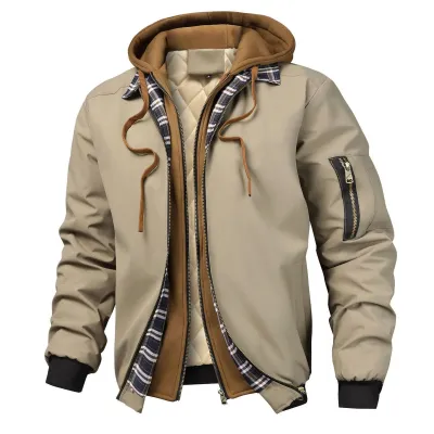 Men Fashion Casual Autumn And Winter Cotton Fake Two-Piece Stitching Long-Sleeve With Hat Coat