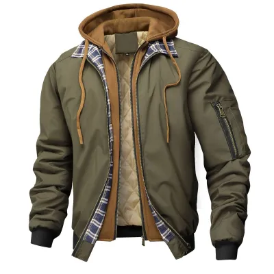 Men Fashion Casual Autumn And Winter Cotton Fake Two-Piece Stitching Long-Sleeve With Hat Coat