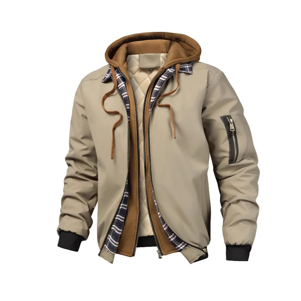 Men Fashion Casual Autumn And Winter Cotton Fake Two-Piece Stitching Long-Sleeve With Hat Coat
