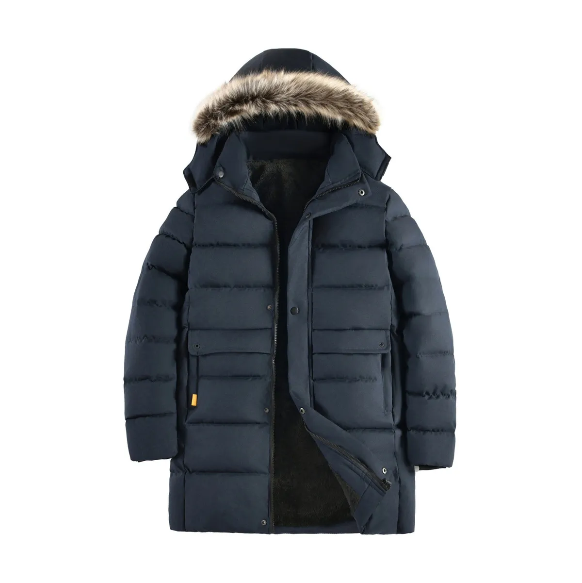 Men Fashion Autumn Winter Solid Color Thick Cotton Long-Sleeve Hat Detachable Coat