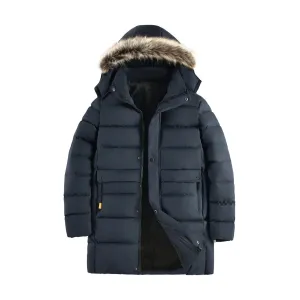 Men Fashion Autumn Winter Solid Color Thick Cotton Long-Sleeve Hat Detachable Coat