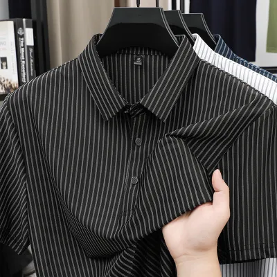 Men'S Fashion Casual Stripe Lapel Short-Sleeve Polo Shirt