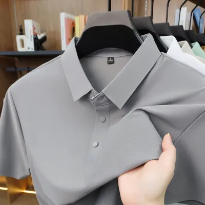 Men'S Fashion Casual Solid Color Ice Silk Seamless Lapel Short-Sleeve Polo Shirt