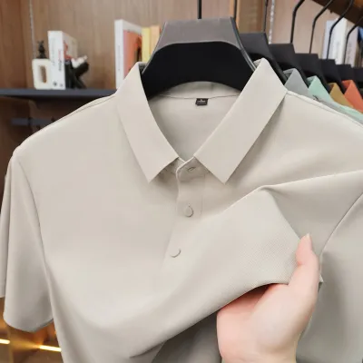 Men'S Fashion Casual Solid Color Ice Silk Seamless Lapel Short-Sleeve Polo Shirt