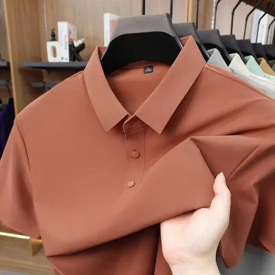 Men'S Fashion Casual Solid Color Ice Silk Seamless Lapel Short-Sleeve Polo Shirt