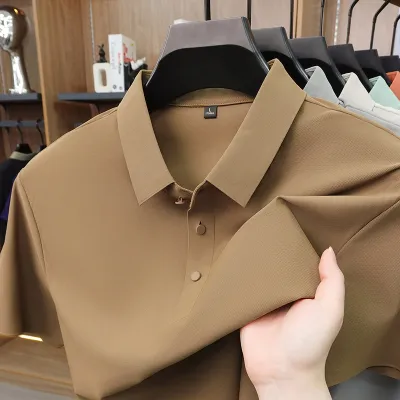 Men'S Fashion Casual Solid Color Ice Silk Seamless Lapel Short-Sleeve Polo Shirt